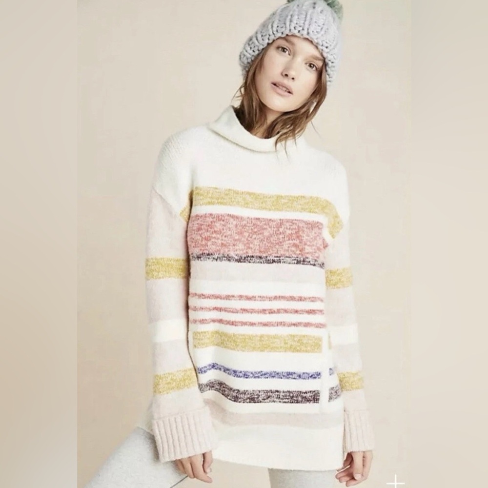 🧶 Anthropologie Elana Alpaca Wool Tunic Sweater XS Fuzzy Oversized Turtleneck